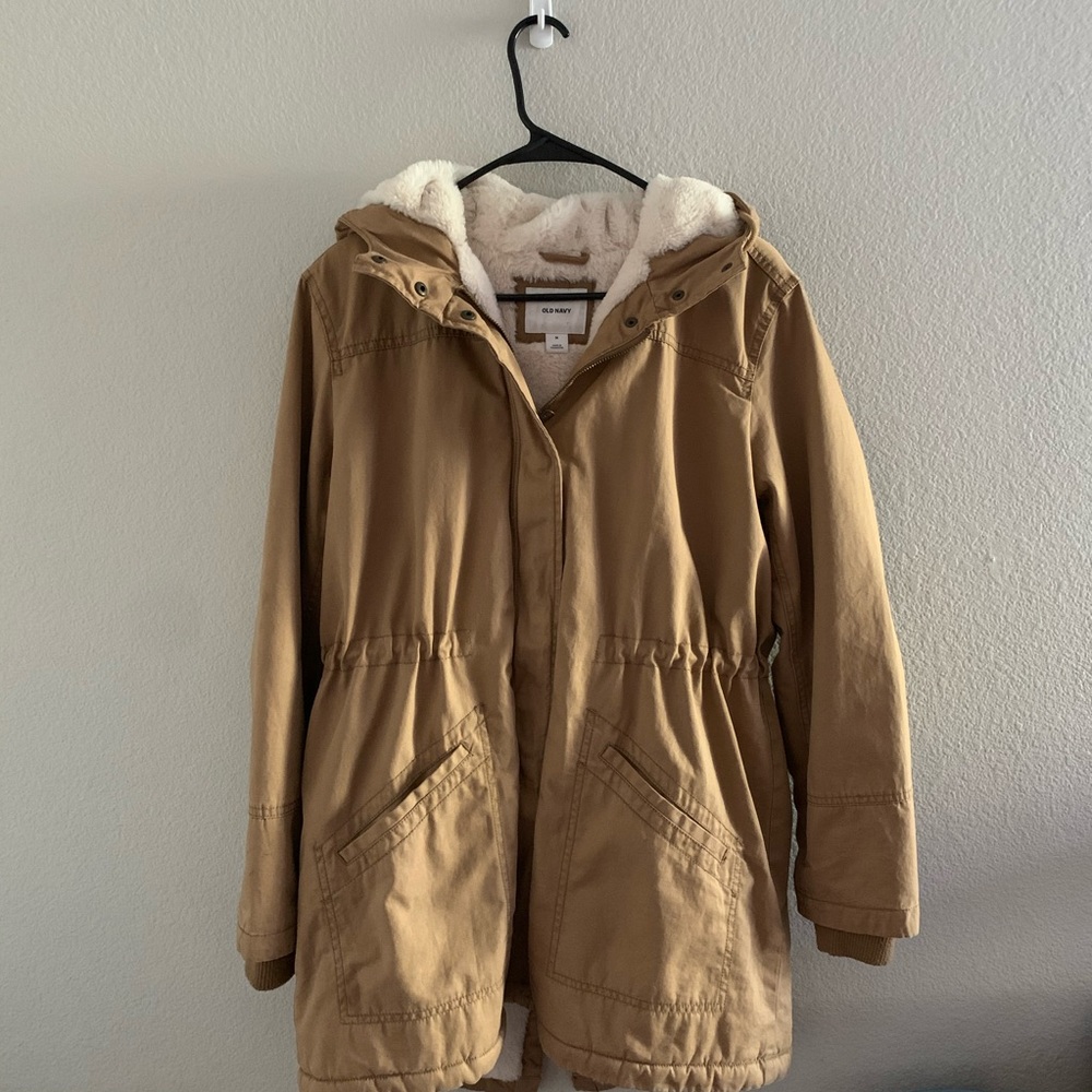 Old Navy Long Faux Fur Tan Utility Jacket Medium